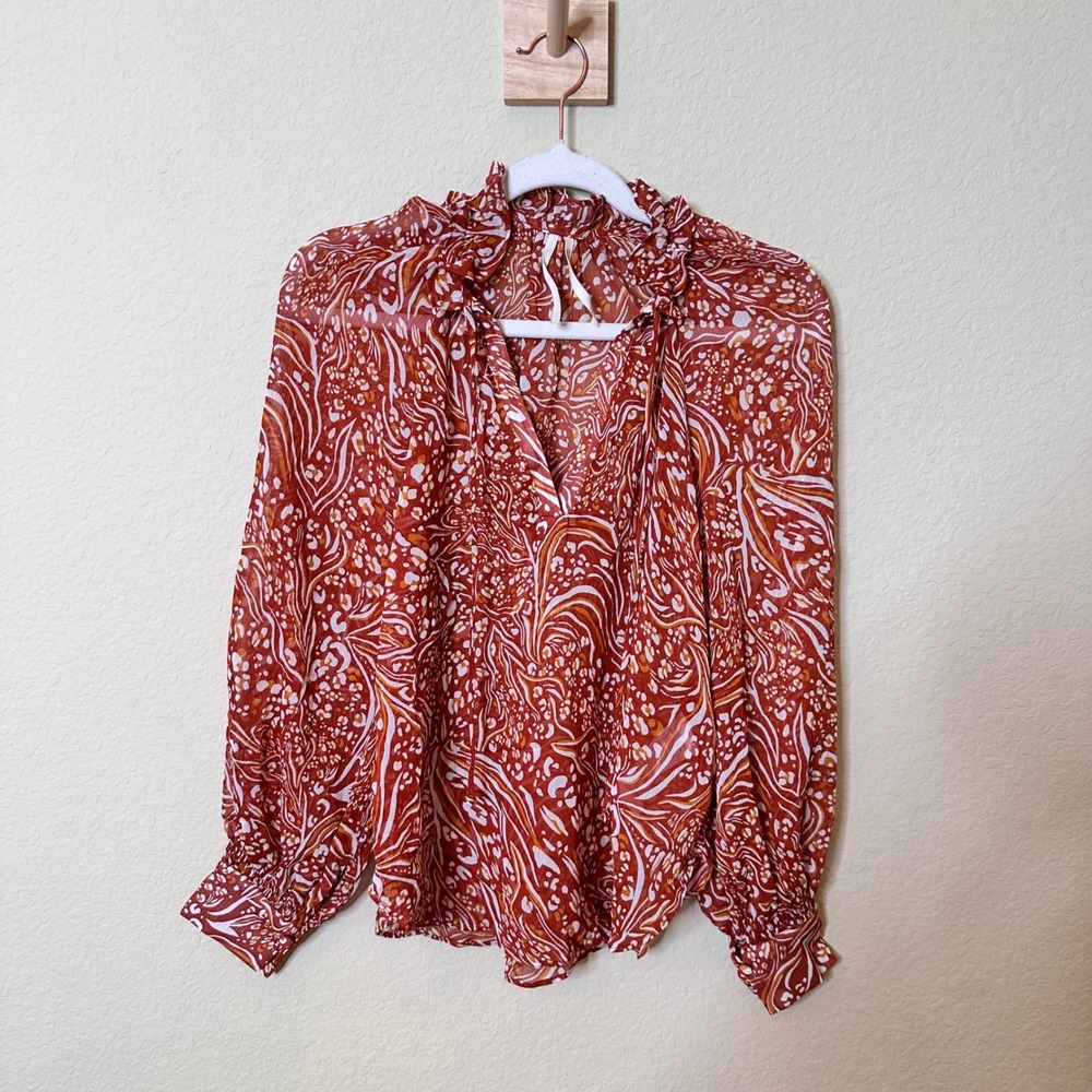 Anthropologie Sheer Printed Peasant Blouse Red Motif Long Sleeve Sz XXS Resort